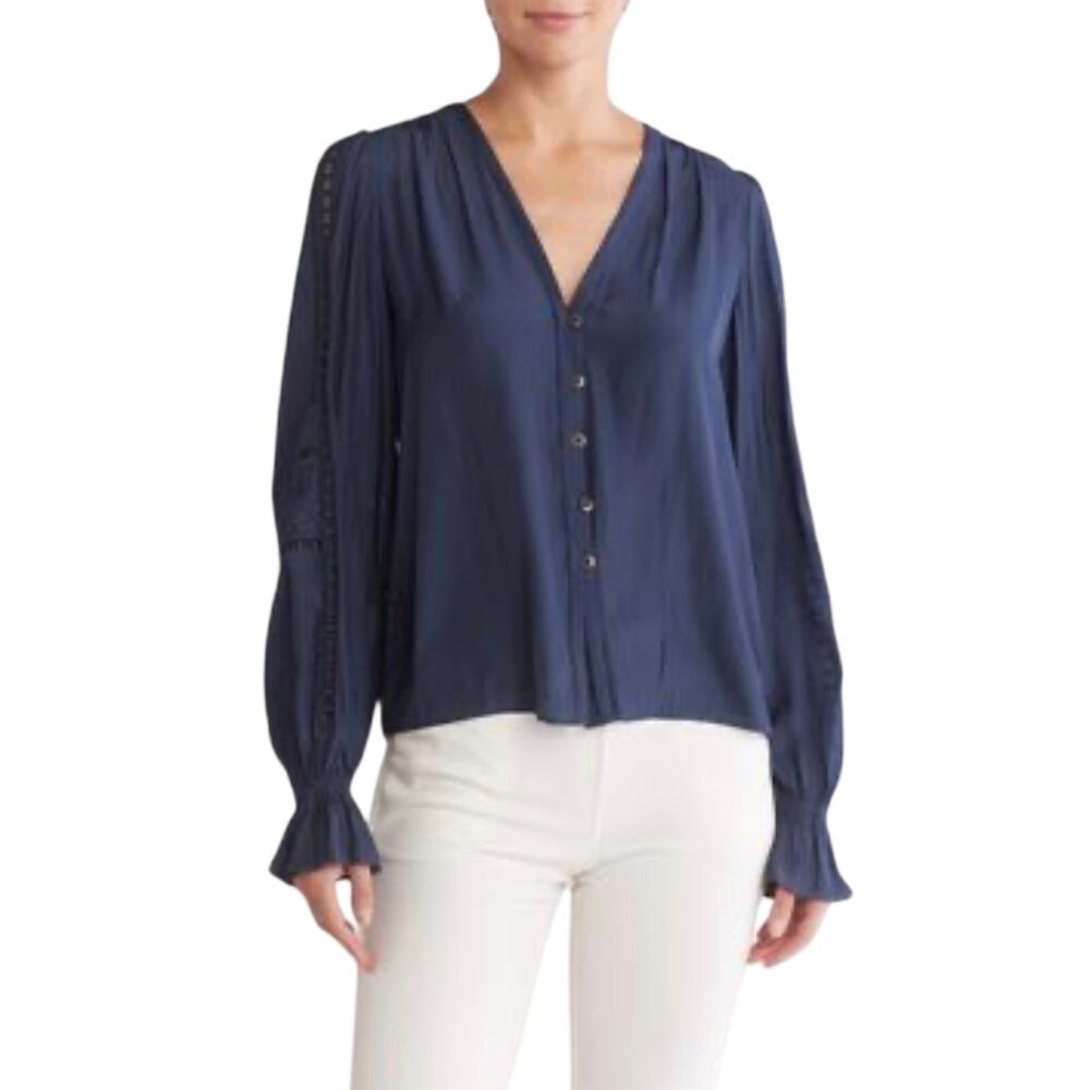 RAMY BROOK Women’s Boho Navy Blue Lace Embellished Long Sleeve Top